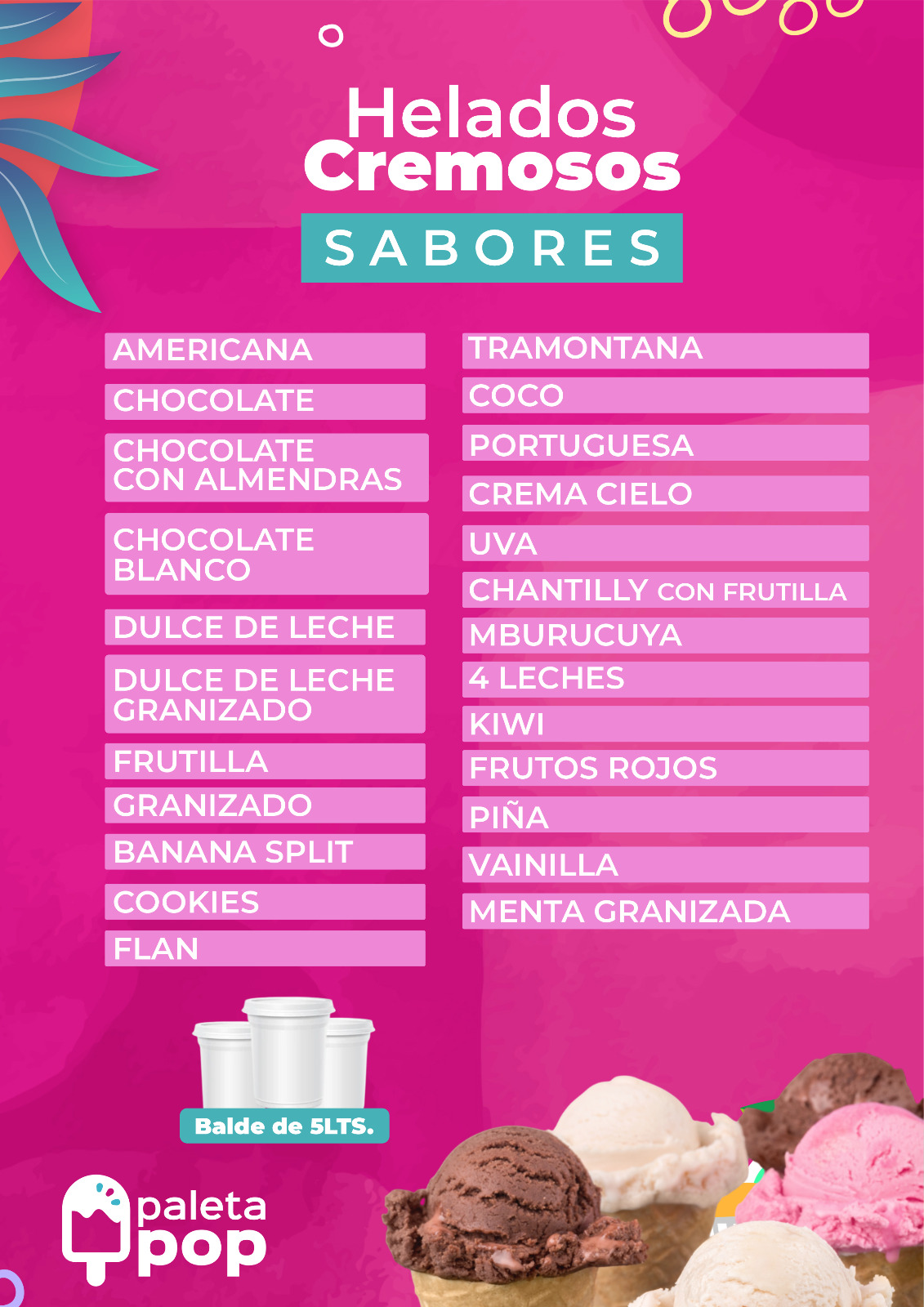Helado cremoso en balde de 5kg